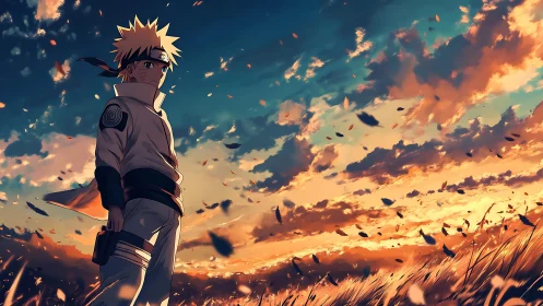 Anime hero stands in windswept field beneath blazing sky