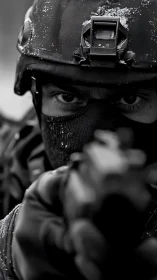 Winter-eyed operative steadies aim in stark monochrome focus.
