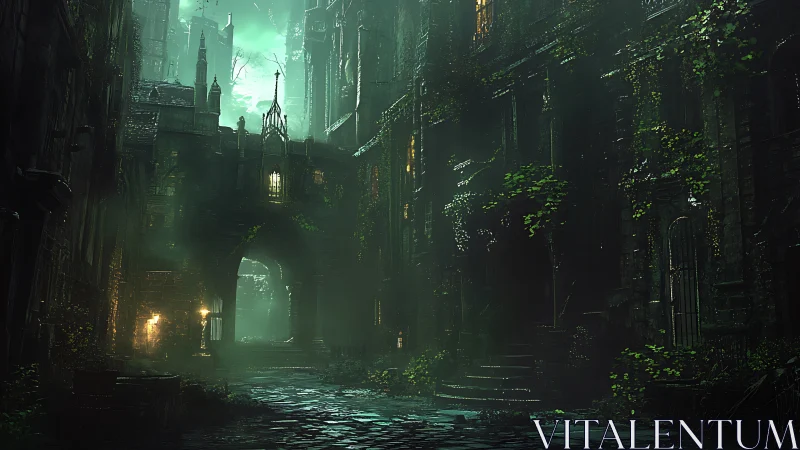 Moonlit ivy cathedral alley breathes eerie forgotten magic.