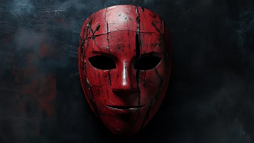 Cracked red theatrical mask on textured midnight backdrop.