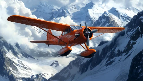 Bright orange bush plane cuts through alpine valley with radial engine