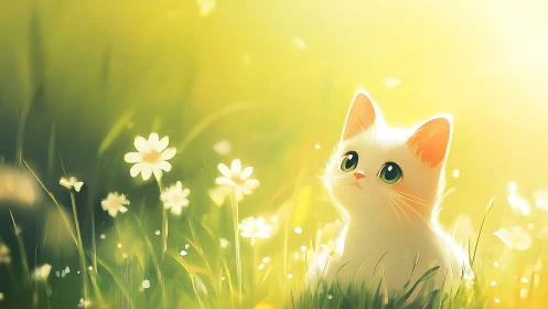 Sunlit meadow daydreams with a bright-eyed white kitten.