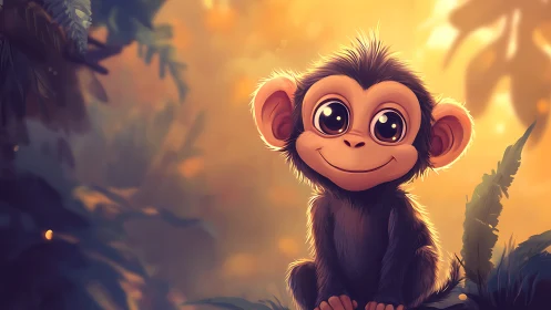 Wide-eyed cartoon monkey in backlit golden jungle clearing