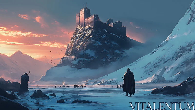 Frozen pilgrimage to a stormlit citadel above the icebound pass.