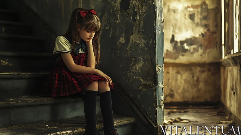 Melancholic schoolgirl on decaying stairwell in warm light.