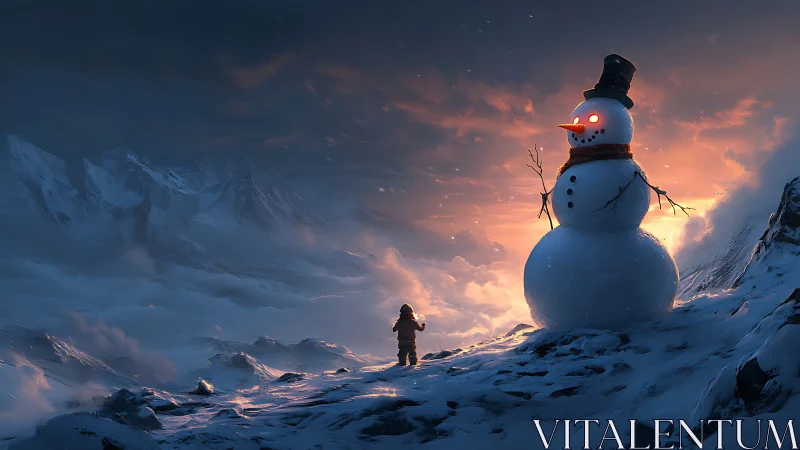 Giant glowing eyed snowman towers over lone child.