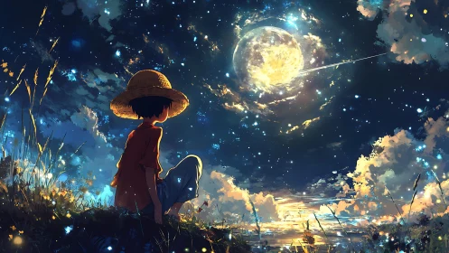 Child in straw hat observing luminous moonlit sky landscape.