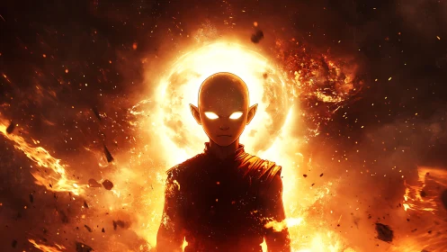 Celestial monk silhouette framed by backlit solar fire halo