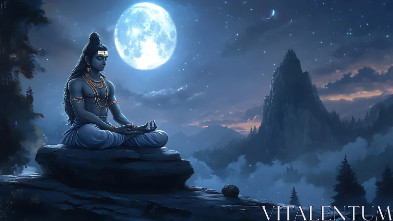 Moonlit meditation with Shiva in peaceful mountain silence.