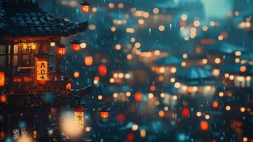 Rain soaked lantern street glows over misty neon town.