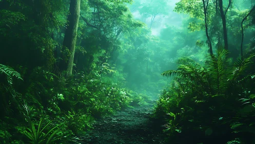 Verdant forest path bathed in ethereal green luminescence.