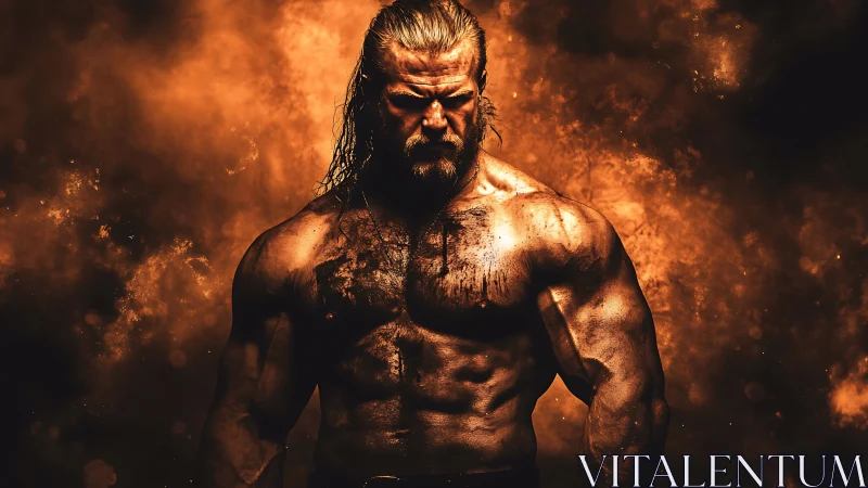 Forged titan emerging from embers in molten amber light.