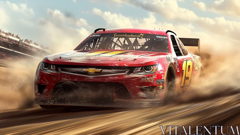 Red thunder racecar rips through dust and molten sunlight.