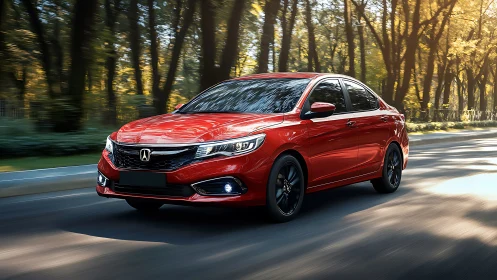 Red sport sedan gliding through sunlit forest roadways.