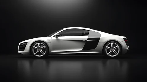 Side profile of a silver sports coupe in controlled lighting