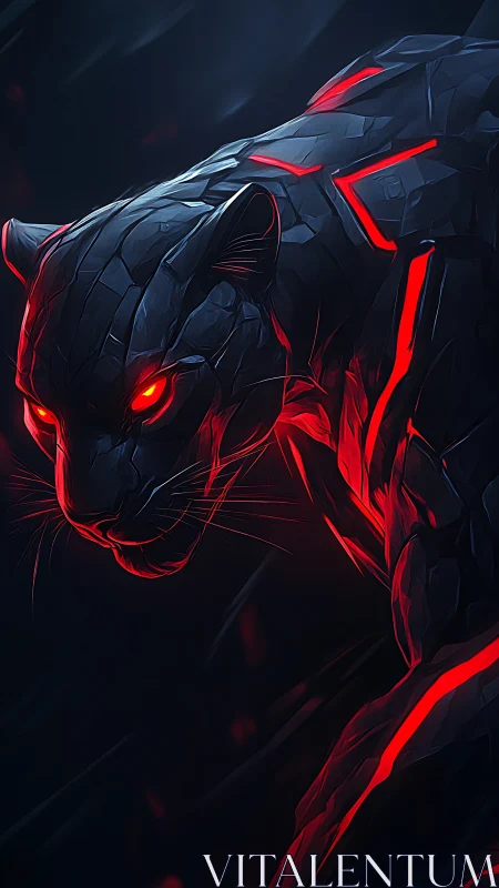 Cybernetic panther with red luminescent accents in darkness.