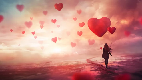 Silhouetted Figure Manipulating Scaled Heart Balloon Formations.