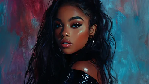 Midnight muse glows against electric teal and crimson haze.