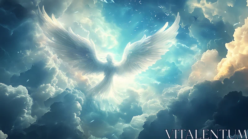 Winged luminous figure rises amid dense illuminated clouds
