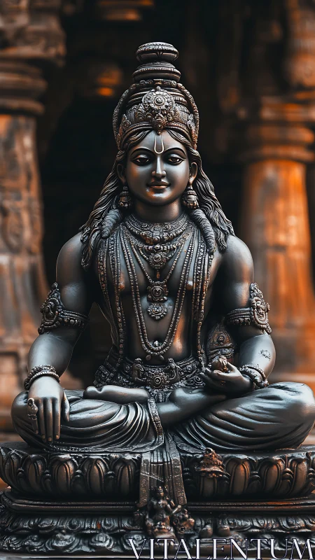 Sacred bronze deity statue seated in meditative pose.