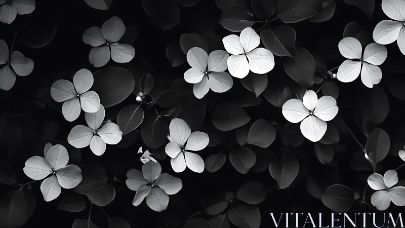 Monochromatic Hydrangea Blooms Against Deep Shadow