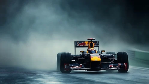 Formula 1 car powers through wet track under dense spray