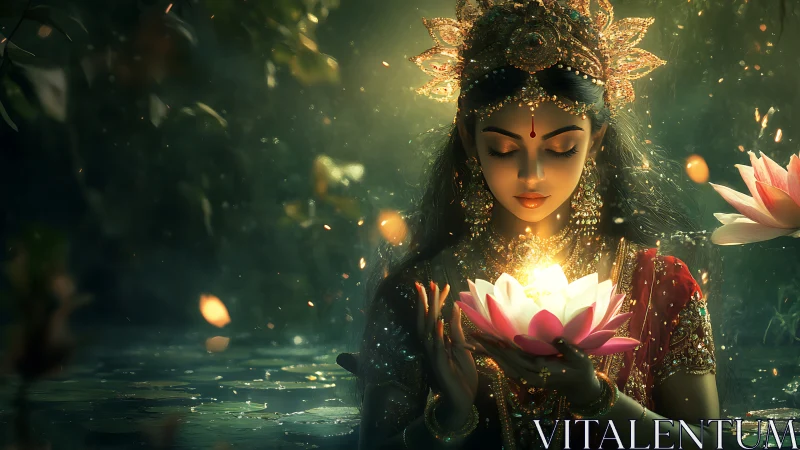Luminescent lotus ritual with jeweled goddess in forested mist.