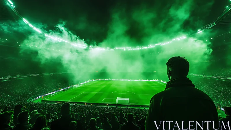 Crowded football stadium under green-lit smoke-filled sky.