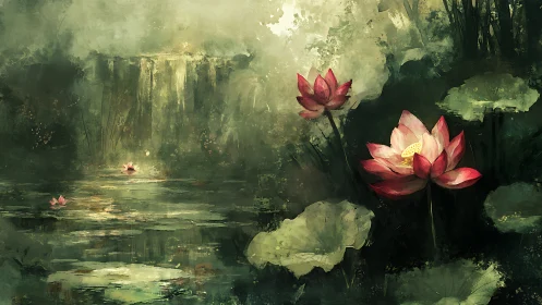 Lotus blooms resting quietly beside a misty waterfall.