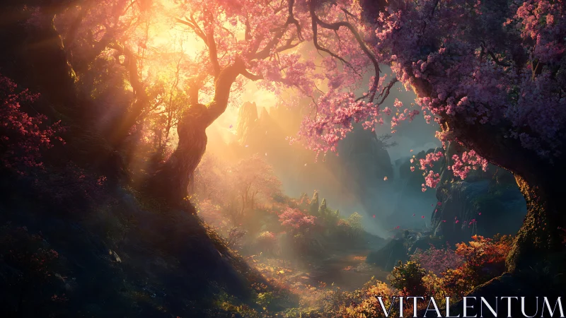 Forest Cavern with Flowering Trees and Golden Light