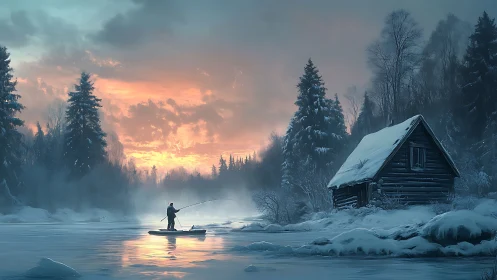 Winter river angler at sunrise beside snowbound log cabin.