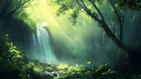 Volumetric light-based volumetric rendering of dense forest canopy with waterfall and volumetric God