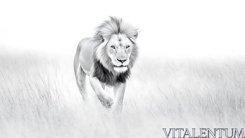 High key monochrome lion striding through tall grass.