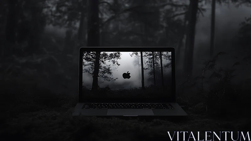 Forest portal flickers alive inside a midnight laptop glow