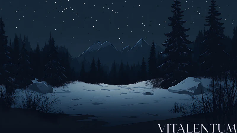 Starlit winter clearing under distant mountain peaks.