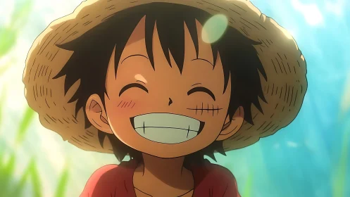 Smiling straw hat boy in warm anime sunlight portrait.