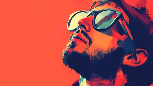 Low-angle neon portrait abstracts a reflective sunglasses gaze