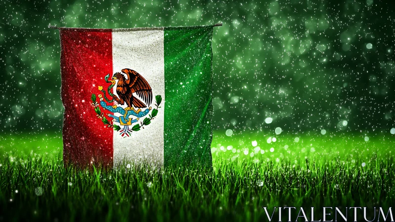 Mexican flag glowing softly in sparkling green rainstorm.