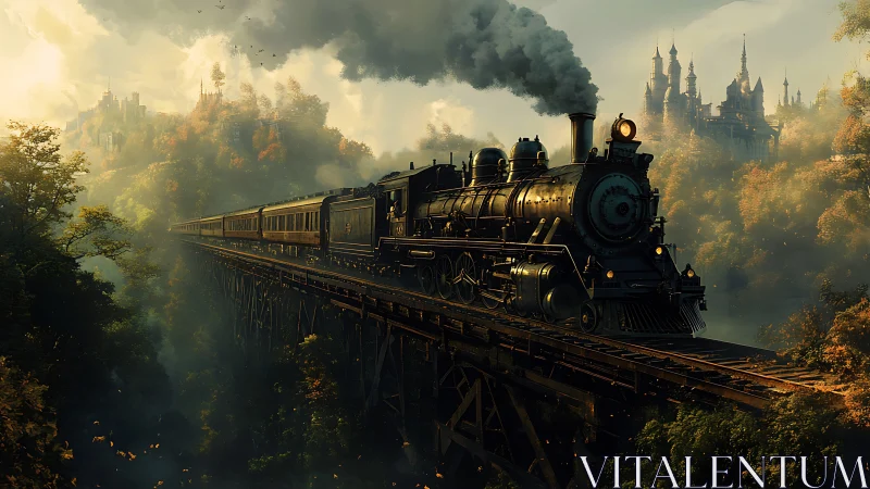 Steambound midnight express crossing misty fairytale gorge.