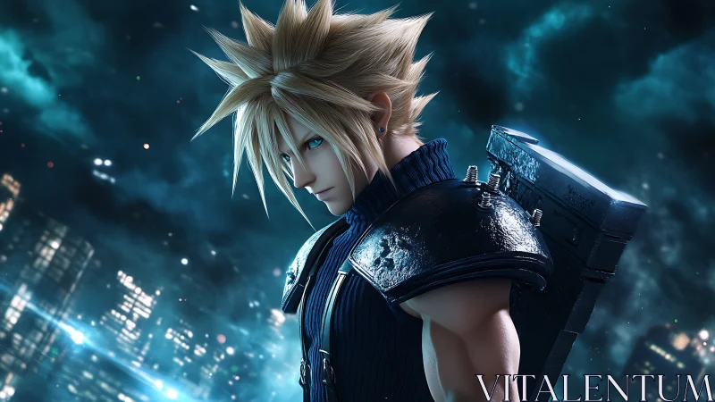 Stoic swordsman in neon cityscape under stormlit sky.