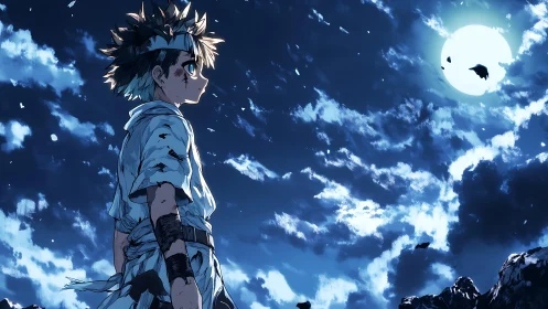 Moonlit warrior boy stands defiant beneath stormy sky.