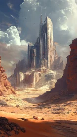 Monolithic sci-fi citadel rises from stratified desert canyon