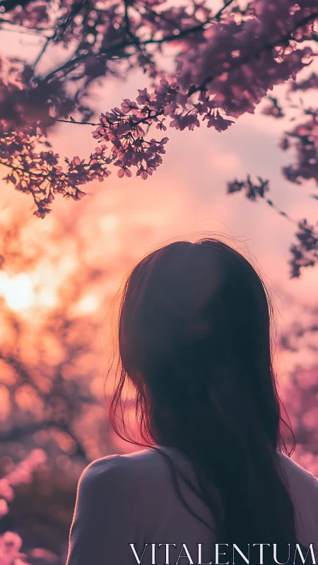 Sunset reverie beneath cherry blossoms in soft pink haze.