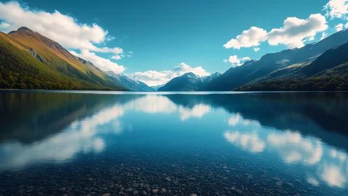 Mountain lake mirror reflects clouds under vivid blue sky.