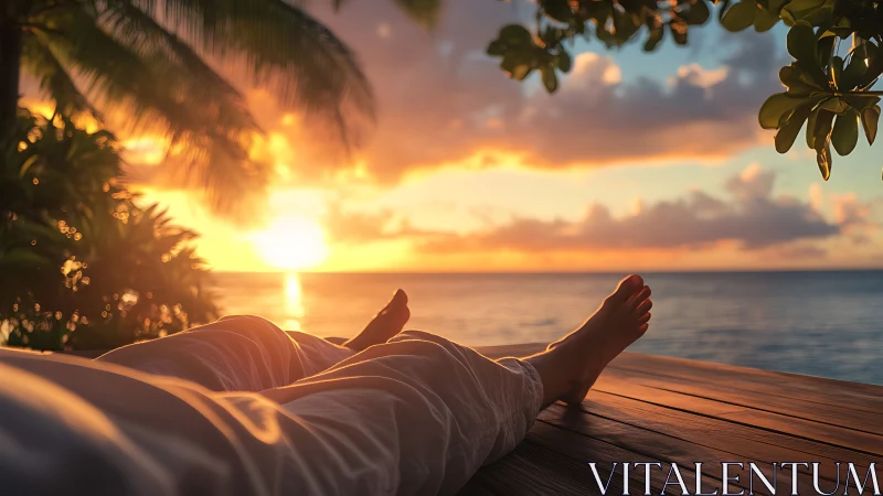 Sunset beach relaxation with feet on wooden deck boardwalk.