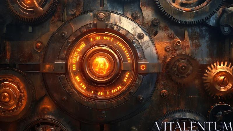 Mechanical core glows within rusted steampunk gear array.