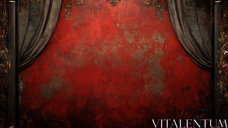 Ornate red theater backdrop frames a dramatic empty stage.