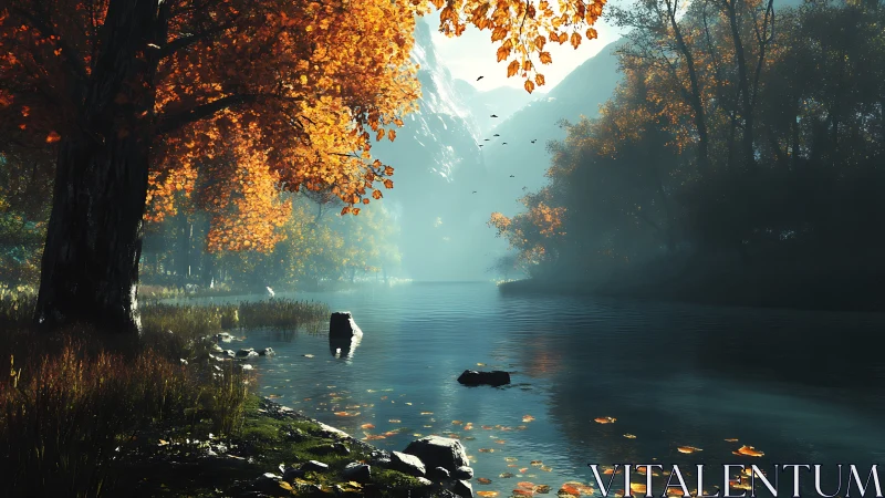 Autumn river valley with misty mountains and foliage.