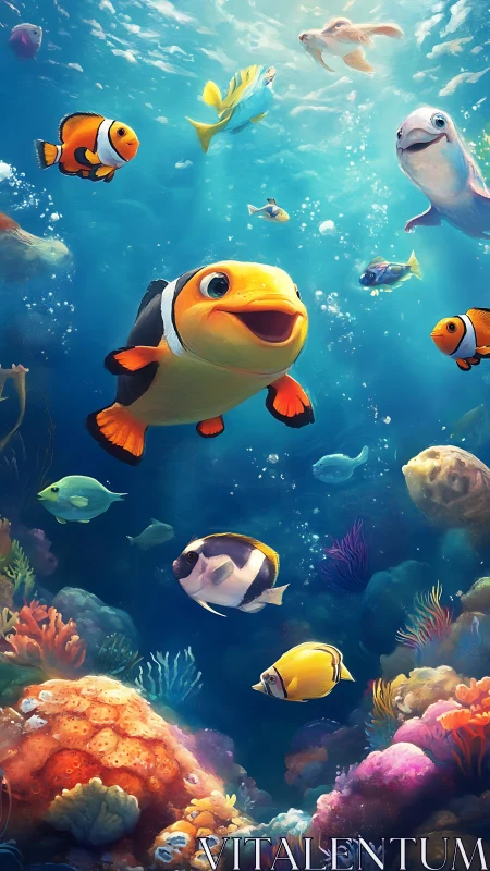 Cartoon reef ecology with stylized clownfish and corals.