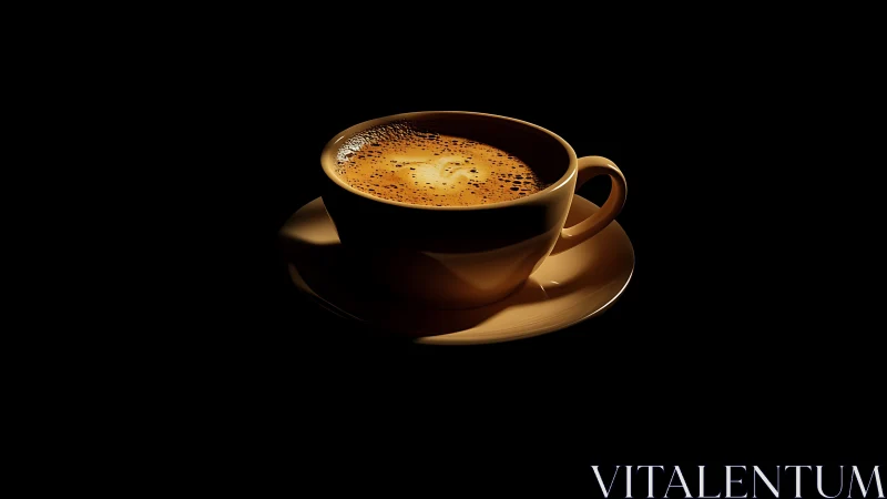 Cup of hot espresso coffee on saucer in dark background.